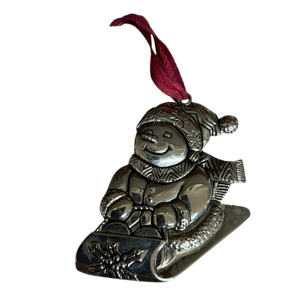 Vintage Gorham Snowman on Sled Silver Plated Hanging Ornament